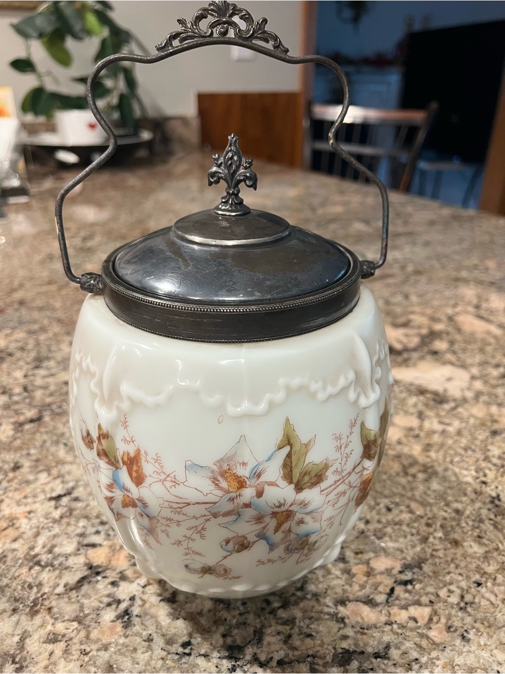 Victorian Milk Glass Biscuit Jar with Floral Design and Silver Tone Lid